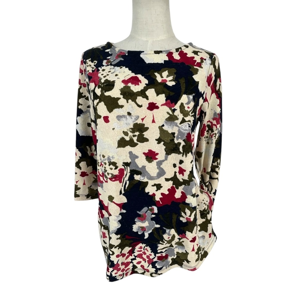 Chicos Womens Sz 0 XS US 4 Floral Knit Tunic Top 3/4 Sleeve Pockets Abstract‎
